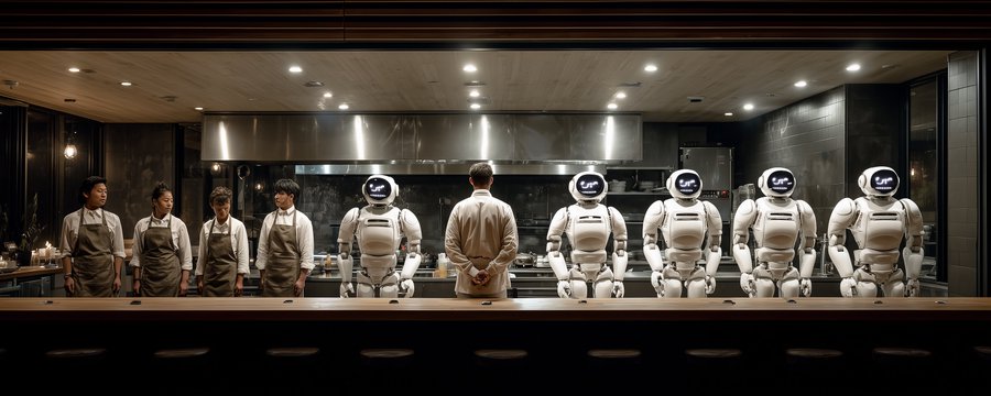 Humanoid robot in a dark workspace representing automation cost math.